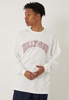 オーガニックコットン HOLLYWOOD カレッジクラックロゴ ロングスリーブTシャツ
