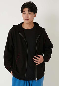 ボイルドメリノウール ハンドステッチジップフーディ(S / BLACK)