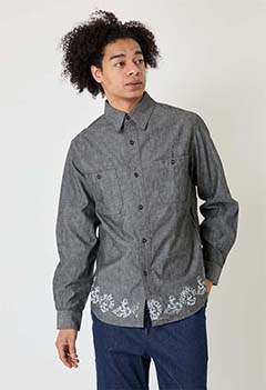 アンカースタンプカラーシャンブレー 2ポケットワークシャツ(S / BLACK)